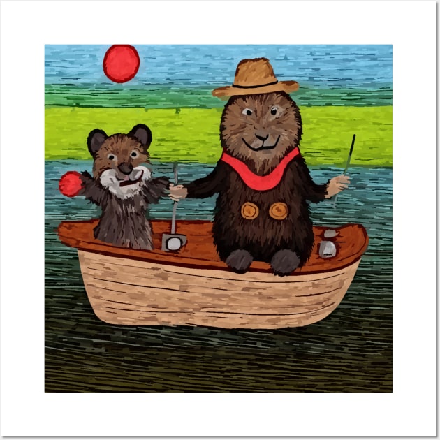 watercolor groundhog fishing with teddy bear Wall Art by Catbrat